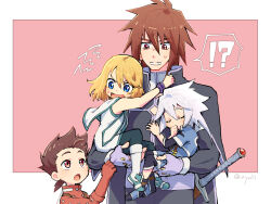 !? 4boys aged_down azuma_yukihiko blonde_hair blue_eyes boots brown_hair cape carrying carrying_multiple_people carrying_person child closed_eyes fingerless_gloves genius_sage gloves grey_hair highres kratos_aurion lloyd_irving looking_at_another male_focus mithos_yggdrasill multiple_boys open_mouth possessive red_eyes red_gloves scabbard sheath short_hair sleeping spiked_hair sweatdrop sword tales_of_(series) tales_of_symphonia weapon
