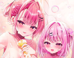 2girls :d breasts bubble collarbone commentary_request copyright_request hair_bobbles hair_intakes hair_ornament hair_rings hairclip heart heart-shaped_pupils highres holding large_breasts long_hair multiple_girls nenobi_(nenorium) nude official_art one_side_up open_mouth out-of-frame_censoring pink_hair red_eyes red_hair smile soap_bubbles sponge symbol-shaped_pupils upper_body x_hair_ornament
