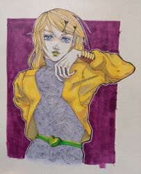 Rule 34 | 1girl, aku no musume (vocaloid), araki hirohiko (style), arthborgia, belt, blonde hair, blue eyes, cosplay, crossover, dio brando, dio brando (cosplay), evillious nendaiki, green belt, green lips, grey sweater, hair ornament, hairclip, heart, heart hair ornament, heart ornament, highres, jacket, jojo no kimyou na bouken, kagamine rin, marker (medium), medium hair, open clothes, open jacket, parody, parted lips, purple background, riliane lucifen d&#039;autriche, smug, solo, style parody, sweater, swept bangs, time stop, traditional media, trait connection, turtleneck, turtleneck sweater, vocaloid, wiping face, yellow jacket, za warudo