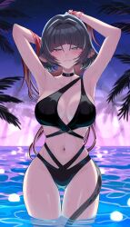 1girl animal_ear_piercing animal_ears arched_bangs armpits bikini black_bikini black_choker black_hair blunt_bangs blush breasts choker colored_inner_hair commentary_request cowboy_shot green_eyes grin hands_in_own_hair highres jane_doe_(zenless_zone_zero) large_breasts long_hair looking_at_viewer mouse_ears mouse_girl mouse_tail multi-strapped_bikini_bottom multi-strapped_bikini_top multicolored_hair navel night palm_leaf palm_tree pool red_hair ruaruayana smile solo standing star_(sky) swimsuit tail tail_around_own_leg tail_wrap tree two-tone_hair very_long_hair wading water water_drop wet zenless_zone_zero