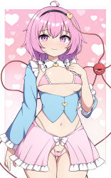 1girl black_hairband blue_shirt bra breasts commentary_request eyeball gradient_background hairband heart heart_background highres komeiji_satori long_sleeves looking_at_viewer medium_breasts panties pink_background pink_bra pink_eyes pink_hair pink_panties pink_skirt rizento shirt short_hair skirt smile solo third_eye touhou underwear