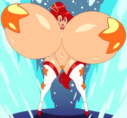 1girl angstrom breasts choker gigantic_breasts highres maebari navel pasties red_hair solo space_yoko star_(symbol) star_maebari star_pasties star_print tengen_toppa_gurren_lagann thick_thighs thighhighs thighs yellow_eyes yoko_littner