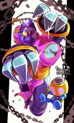 Rule 34 | 1girl, absurdres, artist name, blue skin, breasts, capcom, chain, chinese clothes, cleavage, cleavage cutout, clothing cutout, colored skin, commentary, company connection, crossover, darkstalkers, english commentary, full body, glint, glowing, glowing eyes, hat, haysey, highres, hsien-ko, jiangshi, large breasts, looking at viewer, mega man (series), mega man legends (series), ofuda, ofuda on head, open mouth, purple hair, qingdai guanmao, servbot (mega man), smile, twitter username, yellow eyes