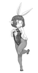 1girl animal_ears blush breasts bridgette_(granblue_fantasy) embarrassed fake_animal_ears full_body granblue_fantasy greyscale harvin highres leotard monochrome pantyhose playboy_bunny pointy_ears rabbit_ears short_hair small_breasts solo standing standing_on_one_leg transparent_background yggsil