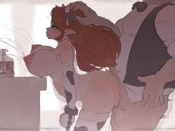 1girl animal_ears animal_print blue_eyes blush breasts cow_ears cow_girl cow_horns cow_print cremia elbow_gloves from_behind gloves highres horns lactation large_breasts long_hair mr._barten nintendo nipples pointy_ears ramoni red_hair sex standing standing_sex the_legend_of_zelda the_legend_of_zelda:_majora&#039;s_mask thighhighs