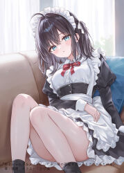 1girl ahoge apron bare_legs black_dress blue_eyes bow bowtie brown_hair character_request couch crossed_bangs cushion dengeki_bunko dress frilled_dress frills hand_on_lap higeneko highres juliet_sleeves light_blush long_sleeves looking_at_viewer maid maid_headdress medium_hair official_art on_couch one_side_up parted_lips puffy_sleeves reclining red_bow red_bowtie second-party_source solo suki_datta_ko_wo_meido_ni_shitara_ore_no_heya_de_kossori_nani_ka_shiteiru waist_apron white_apron