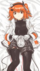 1girl a.i._voice adachi_rei android artificial_vagina black_shirt black_thighhighs breasts cable closed_mouth dildo expressionless feet_out_of_frame gloves grey_shorts hair_ornament hair_ribbon hairclip headlamp highres holding holding_sex_toy jacket long_sleeves looking_at_viewer lying mechabare medium_hair on_back on_bed one_side_up open_clothes open_jacket orange_eyes orange_hair radio_antenna ribbon sex_toy shirt shorts small_breasts solo thighhighs turtleneck turtleneck_shirt utau wasabisuke white_gloves white_jacket white_ribbon