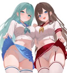 Rule 34 | 2girls, 3:, absurdres, aqua hair, blue eyes, blue sailor collar, blue skirt, braid, breast press, breasts, brown hair, clothes lift, commission, cowboy shot, crop top, crop top overhang, embarrassed, from below, garter belt, green neckerchief, highres, holding hands, large breasts, lifting own clothes, lochi&#039;s character, long hair, looking at viewer, midriff, miniskirt, multiple girls, navel, nbee ya, neckerchief, open mouth, original, panties, pleated skirt, red sailor collar, red skirt, sailor collar, school uniform, serafuku, shirt, short sleeves, side-tie panties, simple background, skirt, skirt lift, smile, stomach, string panties, symmetrical docking, thighhighs, underwear, white background, white panties, white shirt, white thighhighs, yellow neckerchief