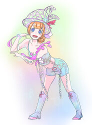 1girl absurdres blue_eyes blush boots character_request coral_hair_ornament dancer disney earrings fashionable_easter hair_bun happy hat highres jewelry orange_hair shiny_clothes shorts smile sorcery321