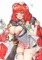 Rule 34 | 1girl, @ @, ^^^, artist logo, assisted exposure, blush, bracelet, eyewear on head, gradient background, green eyes, grey one-piece swimsuit, highres, holding, holding water gun, jewelry, logo, long hair, looking at viewer, nipple slip, nipples, official alternate costume, one-piece swimsuit, open mouth, pink one-piece swimsuit, pulling another&#039;s clothes, raccoon, raccoon tail, red hair, smile, sphere hair ornament, sukoyaka93, swimsuit, tail, thigh strap, two-tone one-piece swimsuit, ukinami yuzuha, ukinami yuzuha (tanuki in broad daylight), very long hair, water gun, white background, zenless zone zero