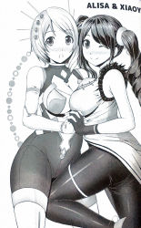 2girls alisa_bosconovitch alisa_boskonovich between_legs breasts cleavage highres ichigo_jet_(artist) large_breasts legs ling_xiaoyu multiple_girls namco one_eye_closed tekken tekken_7 twintails wink yuri