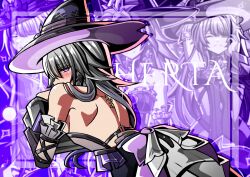 1girl absurdres backless_dress backless_outfit bare_back bare_shoulders black_dress black_hat character_name commentary deskfaceart detached_sleeves dress english_commentary grey_hair hat herta_(honkai:_star_rail) highres honkai:_star_rail honkai_(series) long_sleeves multiple_views purple_eyes the_herta_(honkai:_star_rail) upper_body witch_hat
