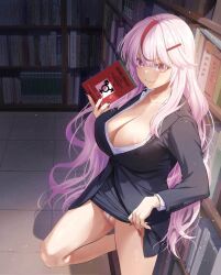 1girl areola_slip black_jacket black_skirt book bookshelf breasts cleavage closed_mouth clothes_lift collarbone commentary_request cowboy_shot hair_ornament hairclip holding holding_book jacket large_breasts library lifting_own_clothes light_particles long_sleeves looking_at_viewer multicolored_hair nakajima_yuka original panties pencil_skirt pink_eyes pink_hair red_hair red_nails shirt skirt skirt_lift smile solo streaked_hair transgender_symbol underwear white_panties white_shirt