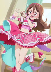 Rule 34 | 1girl, ^^^, arm warmers, bare legs, bare shoulders, blush, boots, bridal gauntlets, brooch, brown hair, colored shoe soles, commentary, cosplay, crop top, cure idol, cure idol (cosplay), d:, detached sleeves, double-parted bangs, dutch angle, flustered, foot out of frame, full-face blush, furrowed brow, gingham skirt, hair between eyes, hair ornament, hairband, heart, heart brooch, heart hands, highres, idol, idol heart brooch, indoors, jewelry, kimi to idol precure, knee boots, leg up, long hair, looking at viewer, magical girl, midriff, navel, open mouth, pink bridal gauntlets, pink hairband, pink skirt, pink undershirt, pink wrist cuffs, precure, puffy detached sleeves, puffy sleeves, red eyes, sakura uta (precure), self cosplay, single arm warmer, skirt, solo, standing, standing on one leg, surprised, sweatdrop, symbol-only commentary, tiler (tiler00), undershirt, white arm warmers, white boots, white sleeves, wide-eyed, wrist cuffs