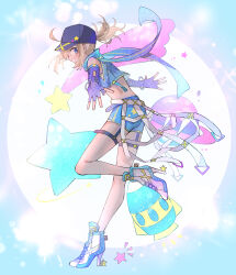 1girl absurdres ahoge artoria_pendragon_(fate) baseball_cap belt blonde_hair blue_hat blue_jacket blue_scarf blue_shorts boots crop_top fate/grand_order fate_(series) glitter hat high_heel_boots high_heels highres jacket looking_at_viewer mysterious_heroine_x_(fate) nayu_tundora planet ponytail rocket scarf shooting_star short_shorts shorts sidelocks solo star_(symbol) white_boots yellow_star