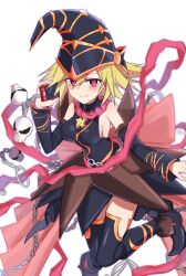 1girl absurdres bare_shoulders black_boots black_dress black_hat black_sleeves black_thighhighs blonde_hair boots breasts cellphone chain character_request commentary_request detached_sleeves dress duel_monster gagaga_girl hair_between_eyes hat highres holding holding_phone knee_boots knees_together_feet_apart long_hair long_sleeves medium_breasts nonono_mino phone purple_eyes simple_background skull sleeveless sleeveless_dress solo thighhighs thighhighs_under_boots white_background yu-gi-oh!