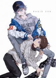 2boys absurdres baseball_cap black_pants blue_eyes blue_jacket brown_hair closed_mouth denim grey_hair grey_pants hair_between_eyes hat highres himo_(himodayoo) hood hood_down hoodie ikari_shinji jacket jeans long_sleeves looking_at_another lying male_focus multiple_boys nagisa_kaworu neon_genesis_evangelion non-web_source open_clothes open_jacket pants parted_lips red_eyes scarf shirt shoes short_hair simple_background sitting smile sneakers streetwear white_background white_hoodie yaoi