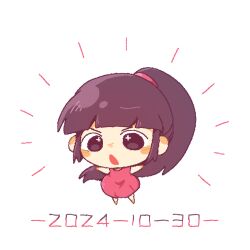 Rule 34 | 1girl, barefoot, blush stickers, brown eyes, brown hair, chibi, chibi only, dated, dress, kumazaki karen, lemon04, long hair, open mouth, outstretched arms, ponytail, red dress, saibou shinkyoku, sleeveless, sleeveless dress, solo, sparkling eyes, spread arms