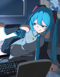 1girl :q absurdres aqua_eyes aqua_hair aqua_necktie black_sleeves computer_keyboard detached_sleeves grey_shirt hatsune_miku highres indoors licking_lips monitor naughty_face necktie nun178089 shirt solo through_medium through_screen tongue tongue_out twintails vocaloid