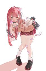 1girl absurdres animal_ear_fluff animal_ears bag bandaid bandaid_on_leg black_nails blush breasts cat_ears cat_girl cat_tail choker collar collared_shirt commentary fang full_body hair_ornament highres latte_(rq_ten) leaning_forward long_hair looking_at_viewer medium_breasts miniskirt multicolored_hair necktie nekota_tsuna open_mouth pink_hair plaid_clothes plaid_skirt pleated_skirt red_hair red_skirt school_bag school_uniform shirt shoes short_sleeves simple_background skirt socks solo square_pupils tail virtual_youtuber vspo! white_background white_shirt white_socks yellow_eyes