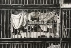 Rule 34 | box, cage, dark, greyscale, highres, ibsukionsen, iron bars, light, monochrome, no humans, original, rope, scenery, shadow, table, wire