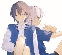 2girls bang_dream! bang_dream!_it&#039;s_mygo!!!!! black_shorts blue_jacket blue_shirt closed_eyes collared_shirt dress_shirt earphones grey-framed_eyewear highres jacket kaname_raana multiple_girls open_clothes open_jacket open_mouth shared_earphones shirt short_hair shorts simple_background takamatsu_tomori toumeiii white_background white_hair white_shirt yellow_eyes