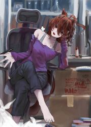 1girl absurdres agnes_tachyon_(umamusume) ahoge animal_ears bare_shoulders barefoot bottle box breasts brown_hair cardboard_box chair commentary_request crossed_legs earrings feet hair_between_eyes highres horse_ears horse_girl horse_tail jewelry long_sleeves looking_at_viewer monitor nail_polish necklace office_chair official_alternate_costume open_mouth puff_of_air purple_sweater red_eyes short_hair simple_background single_earring sitting solo sweater swivel_chair tail teeth toenail_polish toenails toes tonariuta umamusume