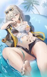 1girl adapted_costume barefoot beach bikini bikini_under_clothes black_jacket black_nails blue_sky breasts commentary_request day earrings eyewear_on_head feet foot_out_of_frame grey_hair highres hino_kagutsuki honkai:_star_rail honkai_(series) innertube jacket jewelry large_breasts medium_hair micro_shorts multicolored_bikini nail_polish navel on_innertube one_eye_closed open_fly parted_lips shirt shorts sky soles solo star_(symbol) star_earrings stelle_(honkai:_star_rail) stomach swim_ring swimsuit thigh_strap tied_shirt toenail_polish toenails toes trailblazer_(honkai:_star_rail) two-tone_bikini wet white_shirt yellow_eyes