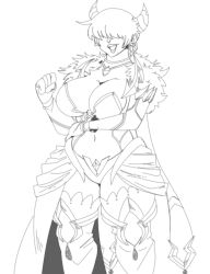 1girl 1shermieaday armor boots breasts cleavage coat curvy dress earrings female_focus gloves horns huge_breasts jewelry large_breasts long_hair panties ponytail shermie_(kof) smile socks standing the_king_of_fighters thick_lips thick_thighs thighs underwear wide_hips