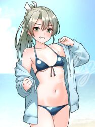 Rule 34 | 1girl, absurdres, alternate hairstyle, beach, bikini, blue bikini, blue jacket, blue sky, blush, breasts, cloud, commentary request, day, front-tie bikini top, front-tie top, furaggu (frag 0416), green eyes, green hair, grin, highres, jacket, kantai collection, long hair, long sleeves, looking at viewer, navel, ocean, open clothes, open jacket, outdoors, ponytail, sky, small breasts, smile, solo, standing, stomach, swimsuit, thighs, zuikaku (swimsuit) (kancolle)