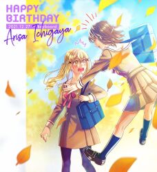 2girls autumn_leaves bag bang_dream! belt black_socks blonde_hair blue_sky blush bow bowtie brown_hair brown_shirt closed_eyes cloud hachikai_hacchi hair_ornament ichigaya_arisa jumping leaf long_hair long_sleeves looking_at_viewer multiple_girls open_mouth red_bow red_bowtie sailor_collar school_bag school_uniform shirt shoes skirt sky smile socks teeth thighhighs tongue toyama_kasumi x_hair_ornament yellow_eyes