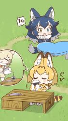!? 10s 3girls alpaca_suri_(kemono_friends) animal_ears animal_print blonde_hair blue_hair chibi closed_eyes commentary_request derivative_work drinking fang fur_trim grass grey_wolf_(kemono_friends) heterochromia highres imagining ink inkwell kemono_friends kemono_friends_pavilion kemono_friends_pavilion_(style) multicolored_hair multiple_girls open_mouth pouring quill screenshot_redraw serval_(kemono_friends) serval_tail sitting speech_bubble spoken_interrobang surprised table tail tanaka_kusao teapot thought_bubble two-tone_hair white_hair wolf_ears