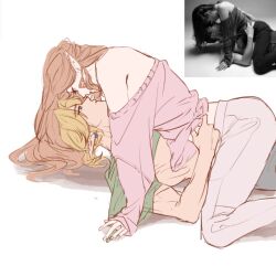 Rule 34 | 1boy, 1girl, bare shoulders, blonde hair, blue eyes, breasts, brown hair, clothes lift, couple, earrings, feet out of frame, girl on top, gold earrings, green shirt, grey pants, hetero, imminent kiss, jewelry, kurokawa karasu, link, long hair, low ponytail, medium breasts, midriff, nintendo, off-shoulder sweater, off shoulder, pants, parted bangs, parted lips, pink sweater, pointy ears, ponytail, princess zelda, reference inset, shirt, shirt lift, short sleeves, sidelocks, sketch, sweater, the legend of zelda, the legend of zelda: ocarina of time, triforce, white background