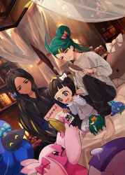 00kashian00 3girls absurdres ahoge alternate_costume barefoot black_hair black_pants book bookshelf bow buttons character_doll clodsire closed_mouth commentary_request copperajah creatures_(company) curtains espathra game_freak geeta_(pokemon) gen_3_pokemon gen_8_pokemon glimmora green_hair grey_shirt grin hair_bow hair_brush hair_bun hair_ornament hairclip highres holding holding_book holding_hair_brush holding_mirror indoors long_hair long_sleeves mirror multiple_girls nail_(hardware) nintendo pants pokemon pokemon_sv poppy_(pokemon) red_eyes rika_(pokemon) rookidee shirt sitting smile teeth tinkatink tinkaton toes whiscash