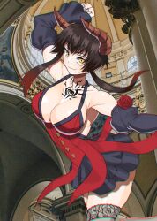 Rule 34 | 1girl, akisu k, black skirt, black sleeves, breasts, center opening, chest tattoo, demon girl, demon horns, detached sleeves, dress, eliza (tekken), flower, horns, large breasts, long sleeves, looking at viewer, multicolored hair, red dress, red flower, red rose, rose, skirt, solo, tattoo, tekken, tekken 7, thighhighs, twintails, two-tone hair, yellow eyes