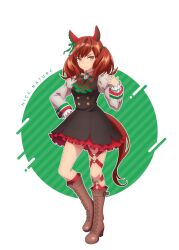1girl animal_ears ascot black_dress black_skirt breasts brown_eyes brown_shoes closed_mouth dot_nose dress ear_covers female_focus frilled_dress frilled_skirt frills full_body green_ascot hand_on_own_hip highres horse_ears horse_girl horse_tail juliet_sleeves legs long_sleeves looking_at_viewer nice_nature_(umamusume) o-ring o-ring_thigh_strap official_art puffy_sleeves red_hair red_straps red_tail shoes skirt small_breasts solo solo_focus tail thigh_strap thighs twintails umamusume