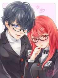 1boy 1girl amamiya_ren black-framed_eyewear black_hair black_jacket blush closed_mouth commission couple glasses hetero highres jacket long_hair long_sleeves open_mouth persona persona_5 persona_5_the_royal qoo1234 red_eyes red_hair school_uniform shuujin_academy_school_uniform skeb_commission smile upper_body yoshizawa_sumire