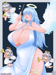 1girl :o alternate_breast_size alternate_costume angel blue_background blue_dress blue_hair blush breasts chibi chibi_inset cleavage closed_eyes commentary_request cowboy_shot dated dress feathered_wings grey_background hairband halo highres holding holding_wand huge_breasts instrument itini-sanshi long_hair open_mouth plunging_neckline rozen_maiden shiny_skin sleeveless sleeveless_dress suigintou traditional_halo trumpet two-tone_background wand white_hairband white_wings wings