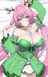 1girl animal_ear_fluff animal_ears antlers arm_up blue_eyes breasts cleavage closed_mouth dakimakura_(medium) detached_sleeves dress flower frilled_dress frills green_dress green_sleeves hair_flower hair_ornament horns indie_virtual_youtuber jackalope_girl jewelry large_breasts long_hair lop_rabbit_ears miss_maple necklace off-shoulder_dress off_shoulder pink_hair pink_nails rabbit_ears smile solo strapless strapless_dress valefal_coneri virtual_youtuber white_flower