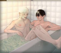 2boys bathtub black_hair blush closed_mouth commentary completely_nude hair_between_eyes hashtag-only_commentary highres hikaru_(hikaru_ga_shinda_natsu) hikaru_ga_shinda_natsu indoors k1tr_jun looking_at_another male_focus mole mole_on_cheek mole_on_neck mole_under_mouth multiple_boys multiple_moles nipples nude open_mouth partially_submerged shared_bathing short_hair symbol-only_commentary teeth tongue tsujinaka_yoshiki water wet white_hair yaoi