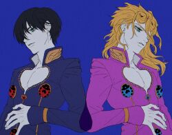 Rule 34 | 1boy, alternate hairstyle, black hair, blonde hair, blue jacket, blurry, blurry background, cleavage cutout, clothing cutout, dual persona, earrings, giorno giovanna, green eyes, hair down, hair over one eye, haruno shiobana, high collar, highres, jacket, jewelry, jojo no kimyou na bouken, komiya harumoto, ladybug ornament, long hair, male focus, pectoral cleavage, pectorals, pink jacket, stud earrings, time paradox, vento aureo, wing ornament