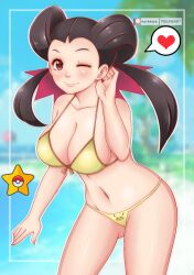 1girl beach bikini black_hair blush bow bow_bikini breasts brown_bow brown_eyes character_print cleavage cloud collarbone creatures_(company) game_freak gen_1_pokemon hair_ribbon heart large_breasts long_hair looking_at_viewer misune_art navel nintendo ocean one_eye_closed palm_tree pikachu pink_ribbon poke_ball_symbol pokemon pokemon_rse print_bikini ribbon roxanne_(pokemon) sand sky smile speech_bubble spoken_heart standing star_(symbol) swimsuit tree twintails water wink yellow_bikini
