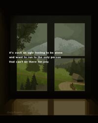 Rule 34 | dark, dim lighting, dirt road, english text, fence, forest, highres, house, mountainous horizon, muted color, nature, onlypixeeels, original, pixel art, road, scenery, tree, window light, wooden fence