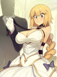 1boy 1girl bad_tag bare_shoulders bdsm blonde_hair blue_eyes bondage bound breasts cad_(caddo) captured dress fate/grand_order fate_(series) formal_clothes gloves highres jeanne_d&#039;arc_(fate) large_breasts pet_play suit sweat white_dress