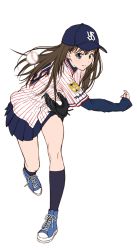1girl aqua_eyes baseball baseball_cap baseball_jersey black_hair blue_shoes blue_skirt blue_socks converse female_focus full_body hat jersey kneehighs layered_sleeves long_hair long_sleeves looking_at_viewer nigou nippon_professional_baseball pinstripe_pattern pitching pleated_skirt shibuya_rin shoes short_over_long_sleeves short_sleeves simple_background skirt sneakers socks solo striped tokyo_yakult_swallows white_background