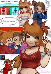 bad_link breasts brown_hair cleavage crop_top eddsworld g-string highres naked_towel prepare4surgery smoking tamara_(eddsworld) thong tomboy tori_(eddsworld) towel