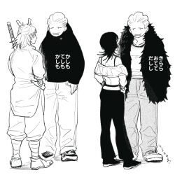 3boys double_bun earrings facial_hair hair_bun hakari_kinji hands_in_pockets height_difference highres holding hood hoodie hoshi_kirara jewelry jujutsu_kaisen kashimo_hajime long_sleeves looking_at_another male_focus monochrome multiple_boys pants simple_background staff trap white_background yosomi