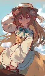 1girl alternate_costume apron blue_eyes blue_sky boater_hat briefcase brown_hair brown_hat buttons closed_mouth cloud cloudy_sky commentary cowboy_shot dress flower frilled_apron frilled_dress frills hair_between_eyes hair_flower hair_ornament hand_up hat highres holding holding_briefcase light_blush long_dress long_hair long_sleeves looking_at_viewer neck_ribbon neuro-sama outdoors pasharuu ribbon sky smile two_side_up vedal_ai virtual_youtuber waist_apron