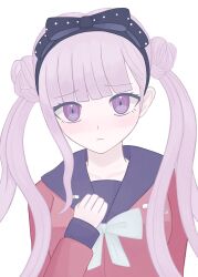 1girl black_bow black_hairband black_headband bow female_focus hair_bow hairband hand_up headband highres long_hair looking_at_viewer matching_hair/eyes pink_eyes pink_hair simple_background solo solo_focus the_hundred_line_-last_defense_academy- tsukumo_kako twintails white_background