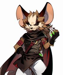 1boy absurdres afk_(series) afk_arena animal_ears cape commentary_request eyepatch fingerless_gloves furry furry_male gloves grin hand_on_own_hip highres holding holding_vial male_focus mouse_boy mouse_ears okn_369 one_eye_closed pants sharp_teeth smile teeth vial vurk_(afk) white_background white_pants